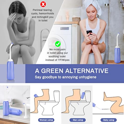 2 Pack Portable Bidet Sprayer Peri Bottle, Number-one Travel Bidet Bottle 500ml 17oz Personal Hygiene Care Toilet Bidet Shower with 2 Nozzles, Dust Cap and Storage Bag for PostPartum Care and Recovery