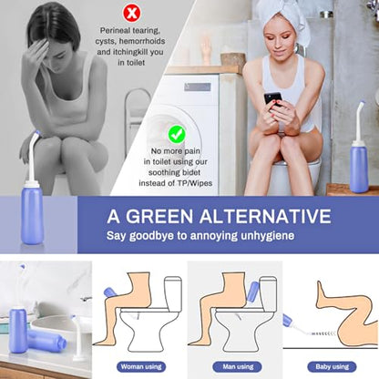 2 Pack Portable Bidet Sprayer Peri Bottle, Number-one Travel Bidet Bottle 500ml 17oz Personal Hygiene Care Toilet Bidet Shower with 2 Nozzles, Dust Cap and Storage Bag for PostPartum Care and Recovery