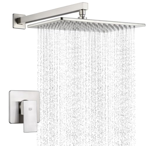 Shower Faucet Set with Rainfall 12 Inch Shower Head, Wall Mounted Bathroom Shower System Brushed Nickel, Single Function Shower Trim Kit with Valve - color: Brushed Nickel, size: 12 Inch (Wall Mount)