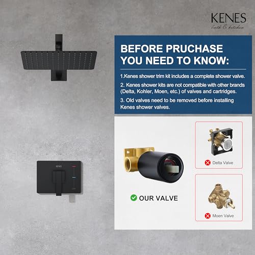 KENES Matte Black Shower Faucet with 10-Inch Shower Head and Handle Set, Square Shower Faucet Set Bathroom Rainfall Shower System Wall Mount, KE-6024B-2 (Shower Valve Included) - color: Matte Black, style: Shower Faucet Set