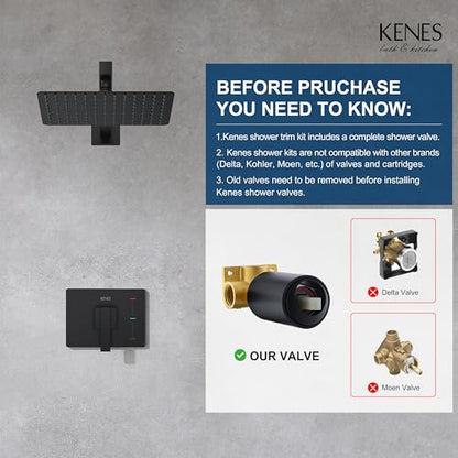 KENES Matte Black Shower Faucet with 10-Inch Shower Head and Handle Set, Square Shower Faucet Set Bathroom Rainfall Shower System Wall Mount, KE-6024B-2 (Shower Valve Included) - color: Matte Black, style: Shower Faucet Set