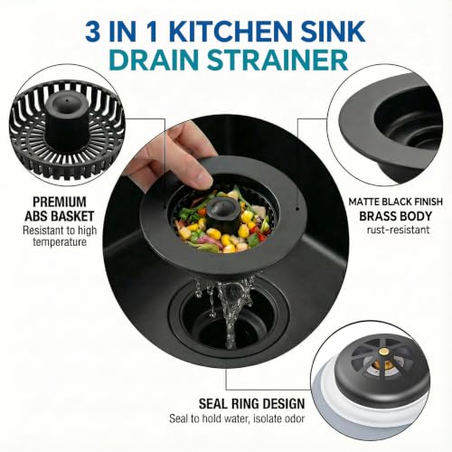 Kitchen Sink Stopper, 3 in 1 Pop Up Kitchen Sink Drain Strainer, with an Extra Basket Strainer, Sink Drain Stopper for US Standard 3-1/2 Inch, Brass Material Electroplate (Black 2pcs) - color: Black 2pcs