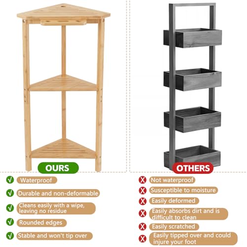 Natural Bamboo Corner Shower Stand, 3-Tier Wooden Standing Shower Organizer, Waterproof Space-Saving Bathroom Corner Shelf for Shower, Kitchen or Living Room
