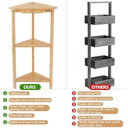 Natural Bamboo Corner Shower Stand, 3-Tier Wooden Standing Shower Organizer, Waterproof Space-Saving Bathroom Corner Shelf for Shower, Kitchen or Living Room