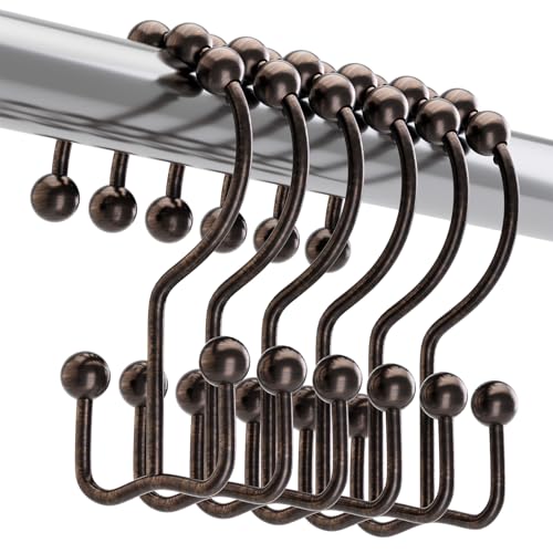 Titanker Shower Curtain Hooks Rings, Rust-Resistant Metal Double Glide Shower Hooks for Bathroom Shower Rods Curtains, Set of 12 Hooks - Bronze - color: Bronze, style: Modern