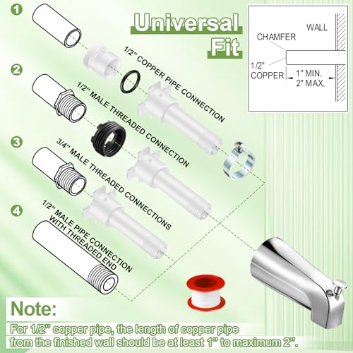Enhon Tub Spout, Universal Fits 1/2'' Copper Pipe, 1/2'' IPS and 3/4'' IPS, Bathroom Bathtub Tub Faucet Replacement with Adapters (with Diverter,Chrome) - color: Chrome, style: with Diverter