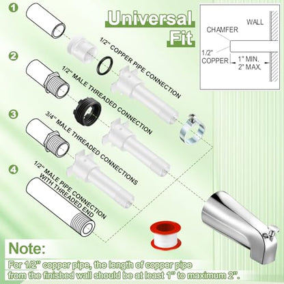 Enhon Tub Spout, Universal Fits 1/2'' Copper Pipe, 1/2'' IPS and 3/4'' IPS, Bathroom Bathtub Tub Faucet Replacement with Adapters (with Diverter,Chrome) - color: Chrome, style: with Diverter