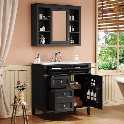 Marzzi 36" Bathroom Vanity Set with Matching Mirror Medicine Cabinet | Modern Single Sink Bathroom Vanity with Storage Cabinet, 2 Drawers & Tip-Out Drawer, Medicine Cabinet, Solid Wood Frame - color: Black, size: 36"