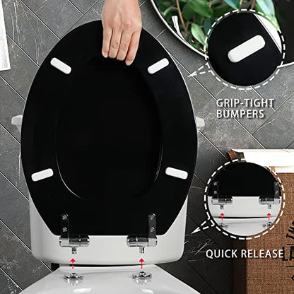 Angel Shield Toilet Seat with Zinc Alloy Hinges Quiet-Close Quick-Release Wood Molded UV Lid Easy Clean(Elongated,Black) | Soft Close Quick Release Metal Hinges, Adjustable Fit for Standard Elongated Toilets, Easy Install&Clean(Black) - color: Black, size