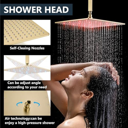 Aolemi Ceiling Shower Faucet Set with Handheld 16" LED Head Brushed Gold | Handheld Spray,16 Inch Rain LED Head,Shower Valve and Trim Kit,All Metal,Ceiling System,Bathroom Mixer - color: Gold, size: 16 Inch LED Shower Head