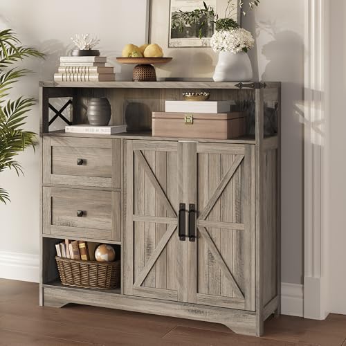 Fameill Farmhouse Storage Cabinet with Drawers and Open Storage, Grey | Freestanding Kitchen Pantry With 2 Barn Doors, Floor Cabinet With Adjustable Shelf for Living Room, Dining Room - color: Grey, size: 38.5 "L