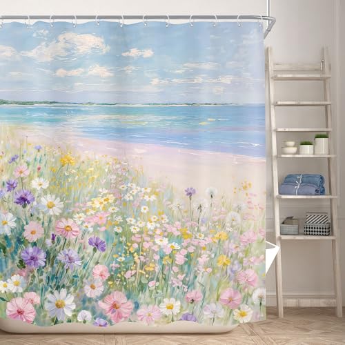 KOMLLEX Blue Ocean Beach Shower Curtain for Bathroom Decor 60Wx72H Inches Pink Ombre Oil Painting Botanical Coastal Aesthetic Wildflower Path Sea Waves Girly Fabric Waterproof Polyester 12 Pack Hooks - size: 60"W x 72"L (Pack of 1)