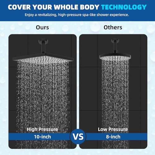 Hibbent cUPC Certified High Pressure 10'' Rain Shower Head, Matte Black | Metal Square Bathroom Waterfall Thickness Shower Heads, High-flow Fixed Rainfall Showerheads, Adjustable Brass Ball Joint - color: Matte Black, style: Square 10''