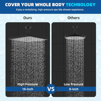 Hibbent cUPC Certified High Pressure 10'' Rain Shower Head, Matte Black | Metal Square Bathroom Waterfall Thickness Shower Heads, High-flow Fixed Rainfall Showerheads, Adjustable Brass Ball Joint - color: Matte Black, style: Square 10''