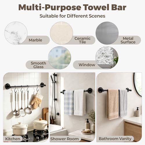 Adjustable Suction Cup Towel Bar – Towel Racks for Bathroom, 13.6-25 Inch, Stainless Steel Bathroom Towel Holder with 4 S Hooks, No Drill for Kitchen, Shower & Smooth Surfaces – Black - color: Black