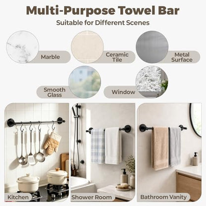 Adjustable Suction Cup Towel Bar – Towel Racks for Bathroom, 13.6-25 Inch, Stainless Steel Bathroom Towel Holder with 4 S Hooks, No Drill for Kitchen, Shower & Smooth Surfaces – Black - color: Black