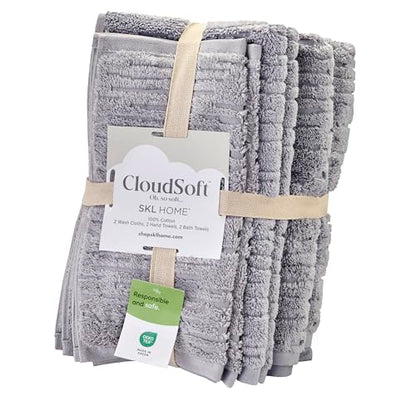 SKL Home CloudSoft 100% Cotton Luxury 6-Piece Towel Set, 600 GSM, Ultra Plush & Absorbent - 2 Bath Towels, 2 Hand Towels, 2 Washcloths, Gray - color: Gray, style: 6-Piece Towel Set