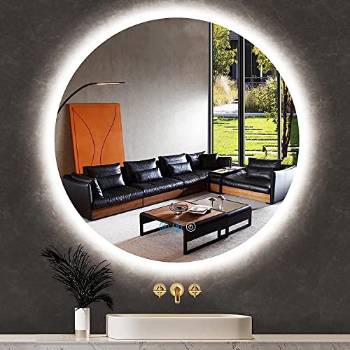THEKLA Bathroom LED Round Vanity Mirror with Backlit Smart Memory 3 Color Dimmable AntiFog 20 inch Frameless Backlit Circle Round Lighted Mirror for Bathroom Makeup Wall Mount LED Circle Mirror - color: 20"l X 20"w