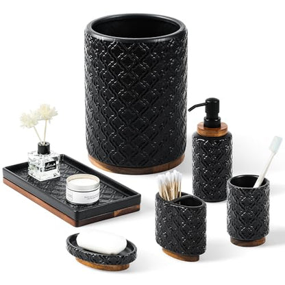RQYIXI Elegant Bathroom Accessories Set 6 PCS Ceramic and Wood Bathroom Accessory Set Soap Dispenser Toothbrush Holder Tumbler Soap Dish Tray Trash Can Easy to Clean Quatrefoil Pattern Black - color: Black Trash Can