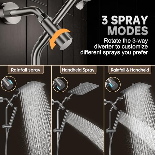 Veken All Metal 10" Luxurious Gray Rain Shower Heads with Handheld Spray | Dual High Pressure Shower Head,Square Detachable Rainfall Showerhead with Extension Arm,Regaderas Para Shower,Ducha Para Baño - color: Premium Grey, size: 10 Inch
