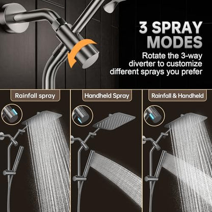 Veken All Metal 10" Luxurious Gray Rain Shower Heads with Handheld Spray | Dual High Pressure Shower Head,Square Detachable Rainfall Showerhead with Extension Arm,Regaderas Para Shower,Ducha Para Baño - color: Premium Grey, size: 10 Inch