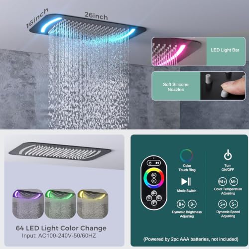 Luxury Dual Heads Digital LED Rain Shower System with Light Remote | Matte Black Temperature Display Shower Faucet: 16x26" LED Rainfall Shower, 6" Wall Mount Shower, Dual Function Handheld - color: Matte Black, style: 16x26"+6"