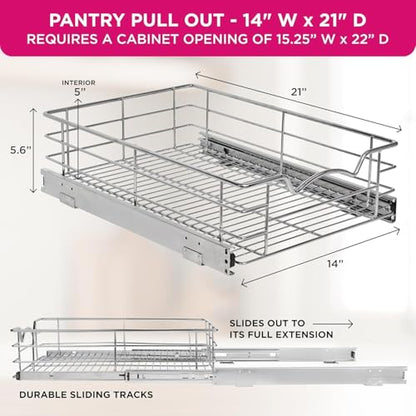 HOLDN’ STORAGE Pull Out Cabinet Organizer, Pantry Drawer, 14"W x 21"D x 5"H | Heavy-Duty Full-Extension, Roll Out Shelf for Pots, Pans & Under Sink Storage, Chrome, Require a 15.25"W Cabinet Opening - size: 14 Inch