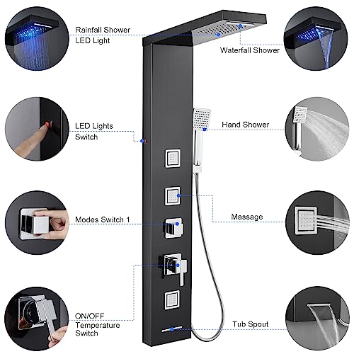 5-in-1 LED Shower Panel Tower System Stainless Steel Black | Rainfall + waterfall heads | 3 massage jets | Handheld shower | Tub spout | LED lights | Wall mount - color: Black
