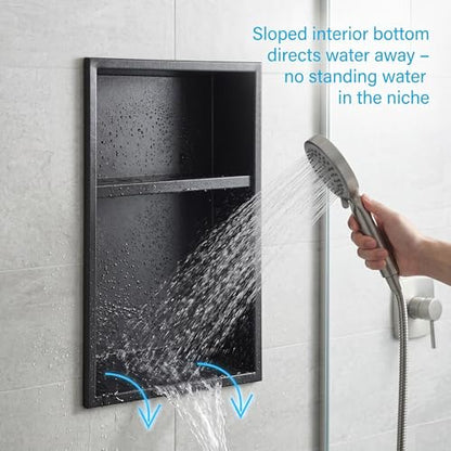 304 Stainless Steel Shower Niche 12” x 18” for Bathroom Storage | Matte Black Recessed Shower Niche No Tile Needed with 2-Tier Shelves for Bathroom Space Saving - size: 12 x 18 inch