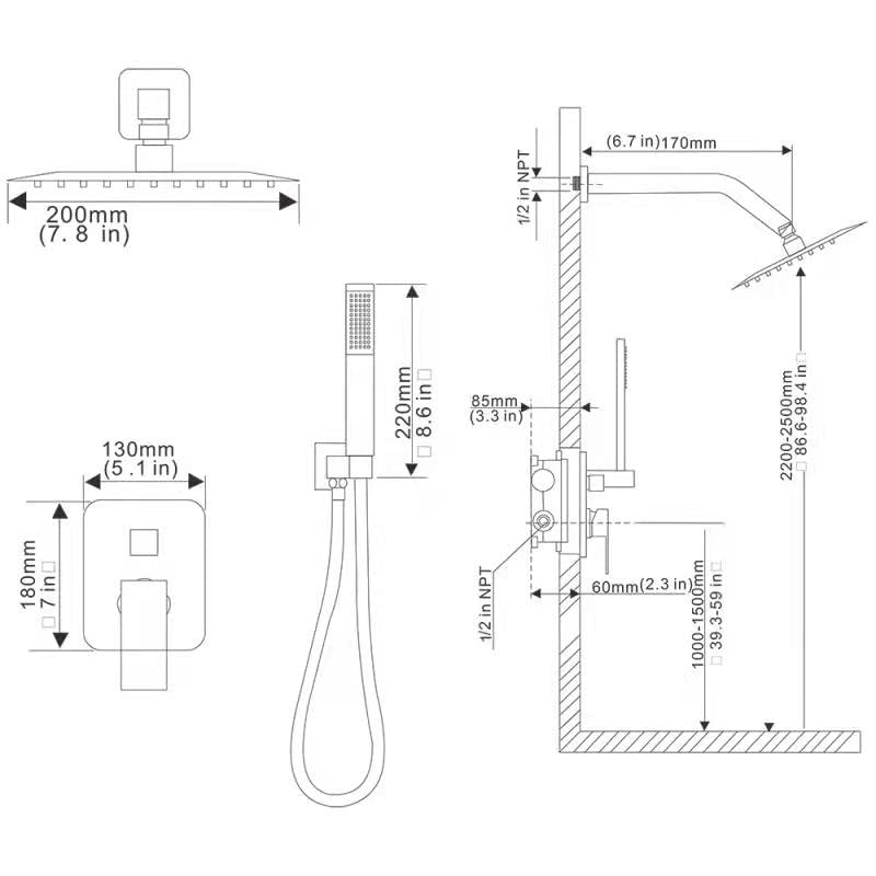 Matte Black Shower System Bathroom Rainfall Shower Faucet Set Complete Wall Mounted 8 Inch Shower Head and Handle Set with Rough-in Valve Body and Trim Kit - color: Matte Black, size: 8 Inch