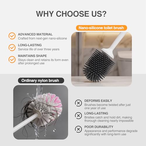 2 in 1 Toilet Brush and Plunger Set with Silicone Bristles, Plastic Material, Includes Holder, White/Black, for Deep Cleaning - color: A-white, size: 2 Pack