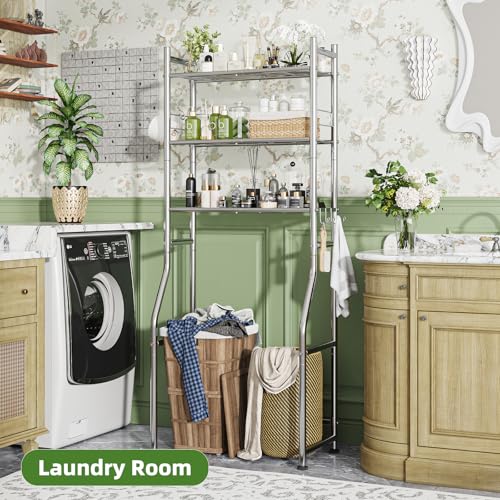 Simple Trending 3 Tier Over The Toilet Rack, Bathroom Shelves with 4 Hooks and Paper Holder, Bathroom Stand Organizer Space Saver, Chrome - color: Silver