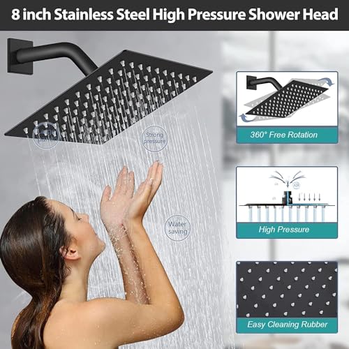 Shower Head with handheld, High Pressure 8'' Rain Shower Head/Brass Handheld Shower Combo,with 78'' Hose Anti-leak Shower Head with Adhesive Shower Head Holder (Square, Black) - color: Black, size: 8