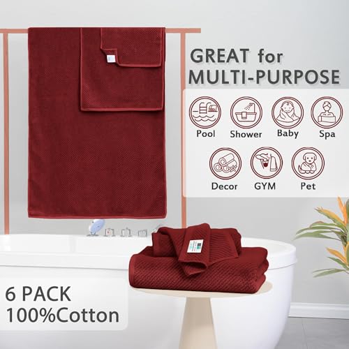 VOOVA & MOVAS 6PC Towel Set, 100% Cotton, Burgundy Red | 2 Large Bath 30x56 In, 2 Hand 18x28 In, 2 Washcloths 13x13 In, Soft, Quick Dry, Towel Gift Set - color: Burgundy - Red, size: 6 PC Bathroom Towel Set
