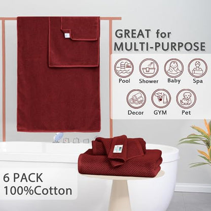VOOVA & MOVAS 6PC Towel Set, 100% Cotton, Burgundy Red | 2 Large Bath 30x56 In, 2 Hand 18x28 In, 2 Washcloths 13x13 In, Soft, Quick Dry, Towel Gift Set - color: Burgundy - Red, size: 6 PC Bathroom Towel Set