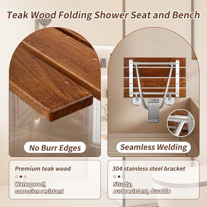 𝙐𝙥𝙜𝙧𝙖𝙙𝙚 18 Inch Teak Folding Shower Seat Wall Mounted, 420 Lbs Capacity Sturdy Shower Bench with 316 Stainless Steel Frame & Finish Caps, Narrow Bathroom Space Saving Teak Wood Shower Chair - size: 18 inch
