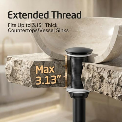 KES All Metal Pop Up Drain Without Overflow, Extended Thread, Bathroom | Matte Black, Brass And Stainless Steel, Compatible With Vessel Sinks, Drain Holes 1.6" To 1.9", 15K-Cycle Pop-Up - color: Matte Black, style: NO Overflow, Long Thread