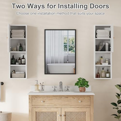 Qupui Fluted Bathroom Wall Cabinet, 31.5" 4-Tier Medicine Cabinet, White | Fluted Door Panels. Adjustable Shelf. Dual-zone Storage With Doors And Open Shelf. Wall-mounted. Engineered Wood