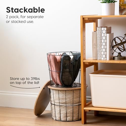 IRIS USA Round Wire Basket with Wooden Lid, 2 Pack | Living Room Bathroom Kitchen Storage, Water Resistant Surface - style: Round- 2 Pack