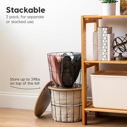 IRIS USA Round Wire Basket with Wooden Lid, 2 Pack | Living Room Bathroom Kitchen Storage, Water Resistant Surface - style: Round- 2 Pack