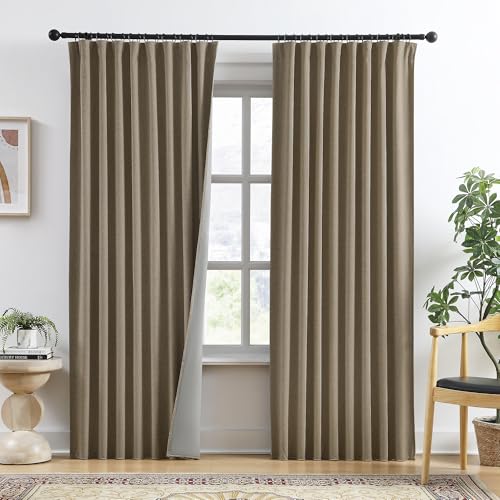 RAIN CITY Linen Brown Blackout Curtains 84 Inch Long 2 Panels 50x84 Length | Full Blackout Back Tab Pleated Look Drapes with Hooks, Thermal Insulated Boho Farmhouse Curtains for Living Room - color: Linen Brown, size: 50"W x 84"L (Pack of 2)