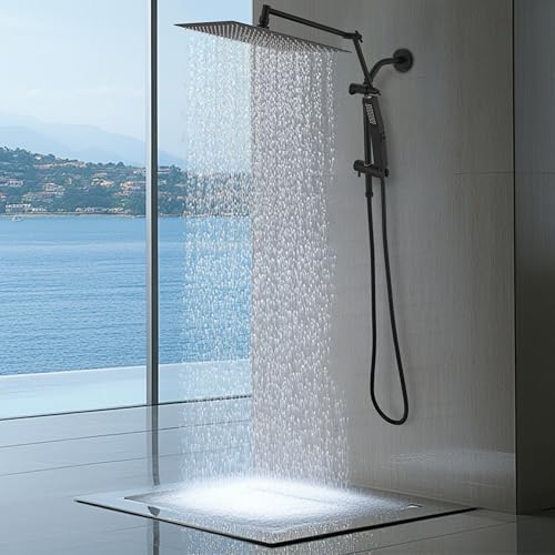 All Metal 10 Inch Rain Shower Head with Handheld Spray Combo, High Pressure Waterfall Rainfall Square Shower Heads with 16" Adjustable Extension Arm, Dual Showerhead with 3-Way Diverter, Matte Black - color: Matte Black, size: 10 Inch