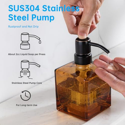 Square Bathroom Soap Dispenser Amber Bottle with Oil Rubbed Bronze Pump, Retangle Cube 8.4 oz Glass Bottles with Stainless Steel Pump Hand Liquid Soap Dispenser Kitchen - color: Amber and Oil Rubbed Bronze