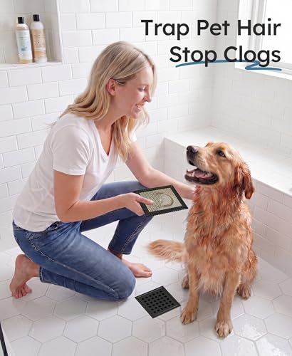 Square Shower Drain Hair Catcher, Anti-Clogging, 6 inch | 304 Stainless Steel and TPE Material/ Not Moving / Easy Clean / Fast Drainage / Fits Bathroom Hair Catcher for Shower - color: Matte Black & Brushed Gold, size: 6 inch