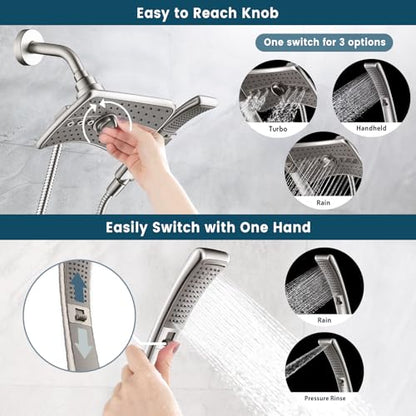BRIGHT SHOWERS High Pressure Brushed Nickel Shower Heads Combo with Two Spray Setting Fixed Shower Head and Two Spray Settings Handheld Shower Head with Grey Face - color: Brushed Nickel, size: 1.8 Gallon Per Minute
