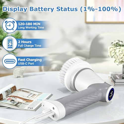 DAESUNG Electric Spin Scrubber, Electric Bathroom Brush with 7 Replaceable Heads, Power Scrubber with LED Display, Electric Scrubbers for Cleaning Shower, Tile, Grout, Sink - color: A-white