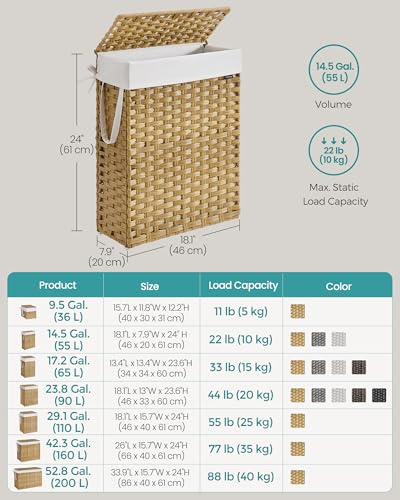 SONGMICS Slim Laundry Hamper with Lid, 14.5 Gallon (55L) Rattan Clothes Laundry Basket with Lid and Handles, Foldable, Removable Liner, Goose Yellow ULCB164N01 - color: Goose Yellow, size: 55 L