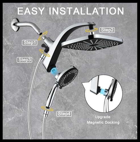 12" High Pressue Rain Shower Head with Handheld, 9 Sprays Hand Showerhead | Shower Heads with Handheld Spray Combo, Dual Head, Built-in Magnetic Docking, Power Jets, 59" Shower Hose, Chrome 1.75GPM - color: Chrome