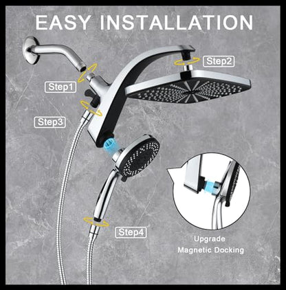 12" High Pressue Rain Shower Head with Handheld, 9 Sprays Hand Showerhead | Shower Heads with Handheld Spray Combo, Dual Head, Built-in Magnetic Docking, Power Jets, 59" Shower Hose, Chrome 1.75GPM - color: Chrome