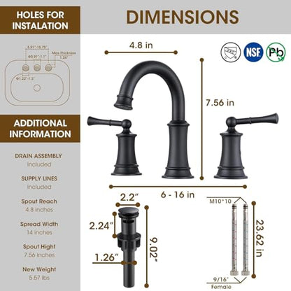 Black Bathroom Faucet, 8 Inch Bathroom Sink Faucet | with Pop-up Drain Assembly, Widespread Bathroom Faucet with cUPC Supply Lines for Vanity, Lavatory RV Farmhouse Sink - color: Black